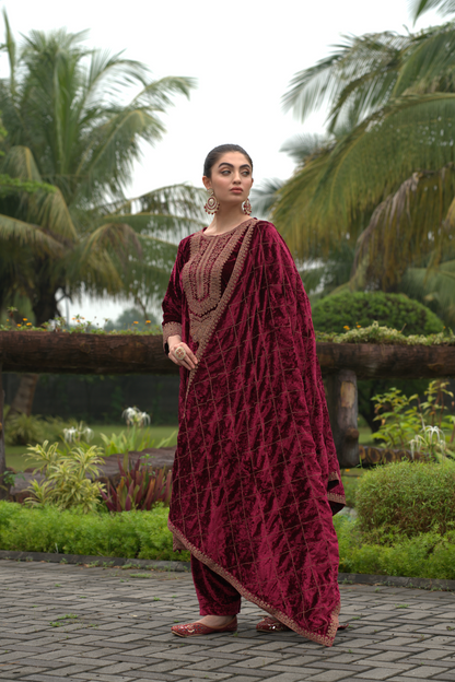 Maroon Designer Velvet Pakistani Suit Set
