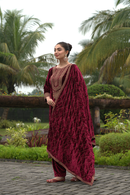Maroon Designer Velvet Pakistani Suit Set