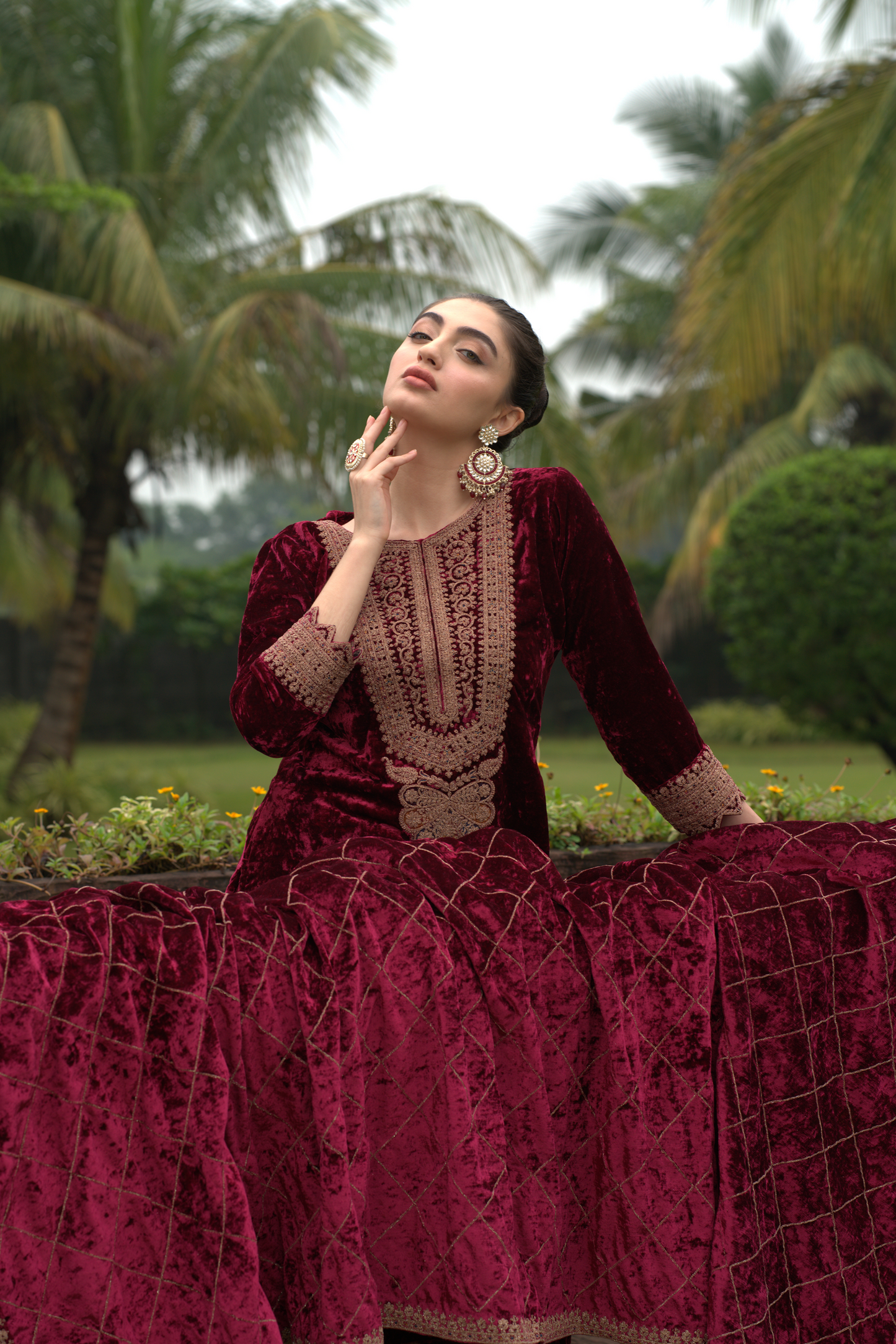 Maroon Designer Velvet Pakistani Suit Set