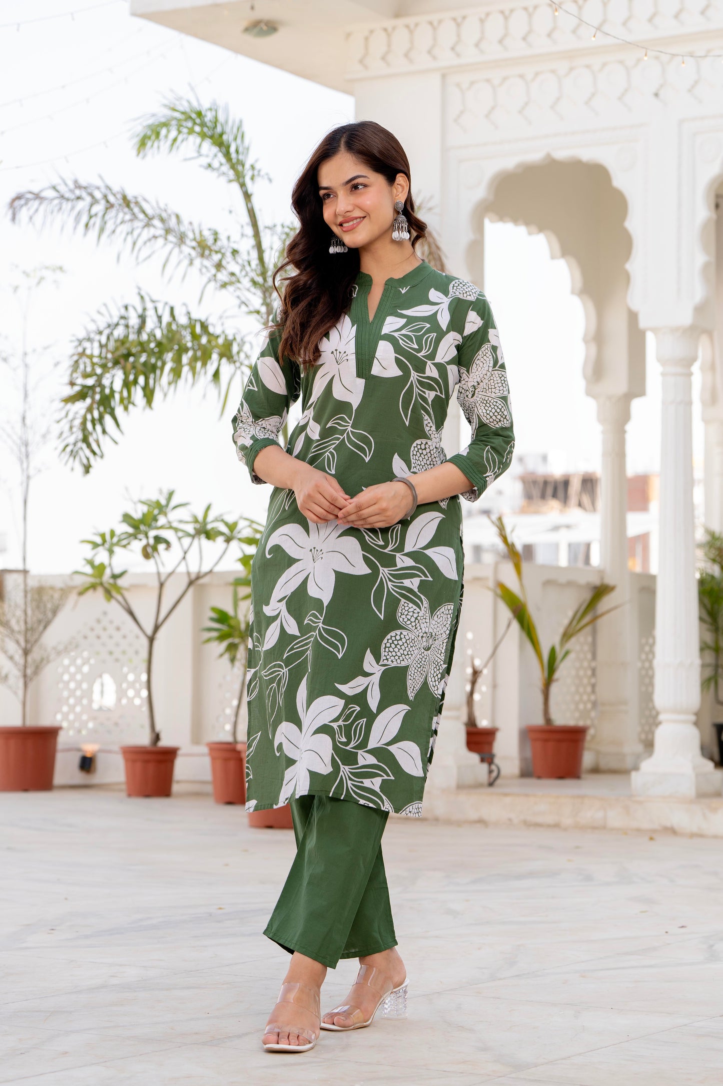 Green Floral Printed Cotton Kurta and Pant Set