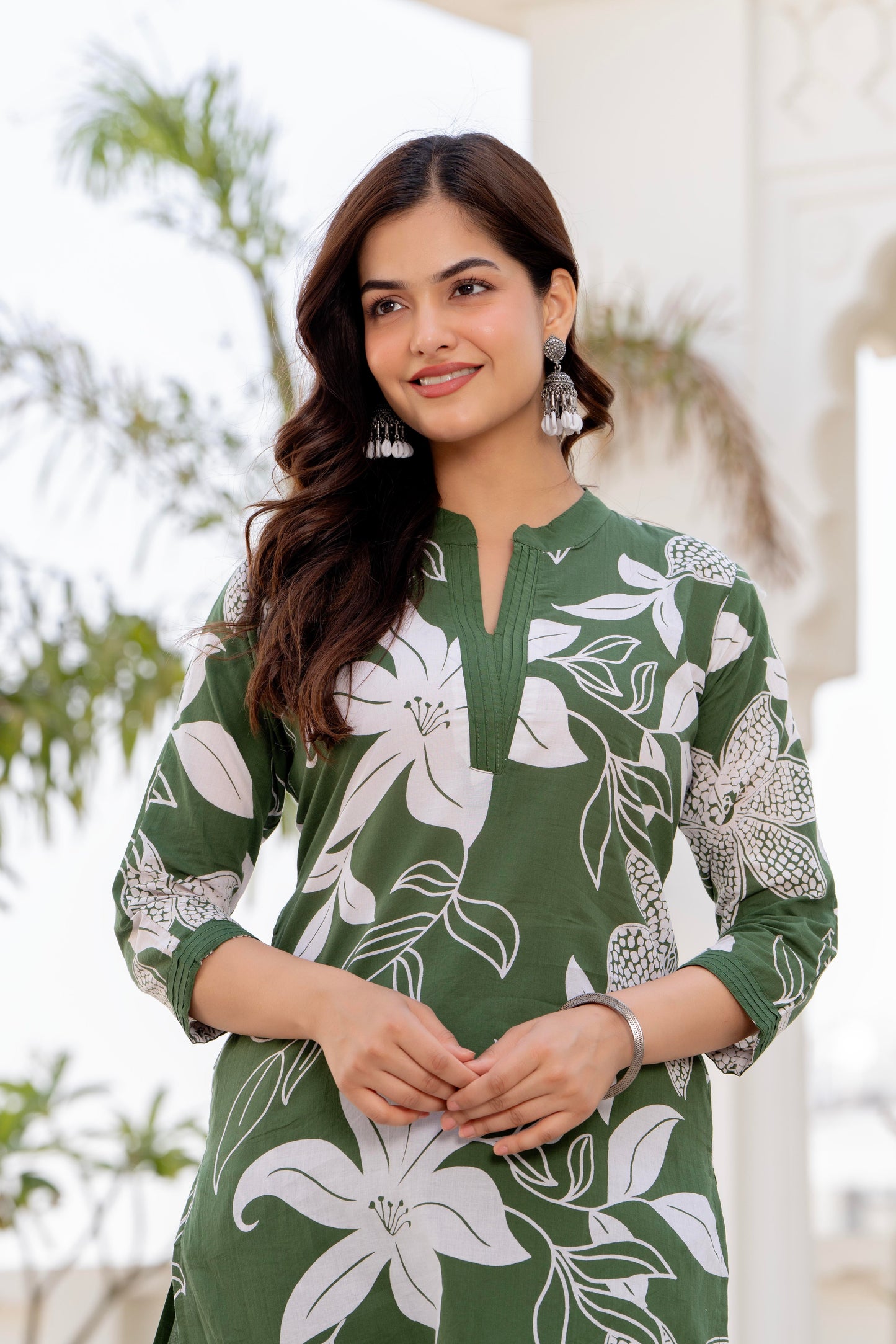 Green Floral Printed Cotton Kurta and Pant Set