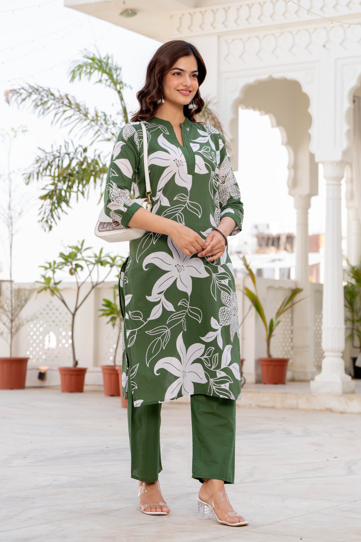Green Floral Printed Cotton Kurta and Pant Set