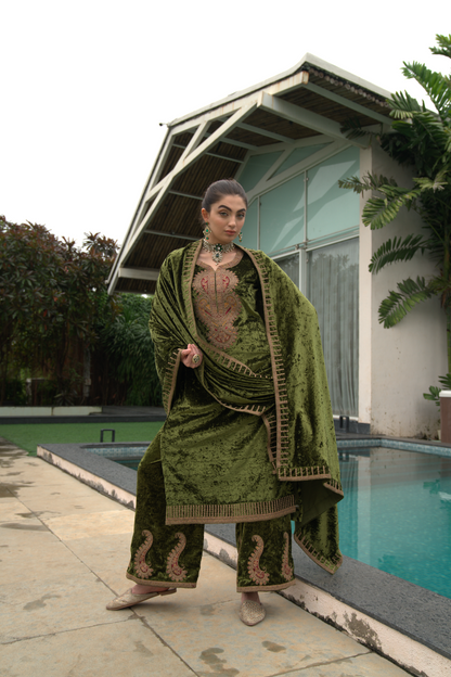 Green Designer Velvet Pakistani Suit Set