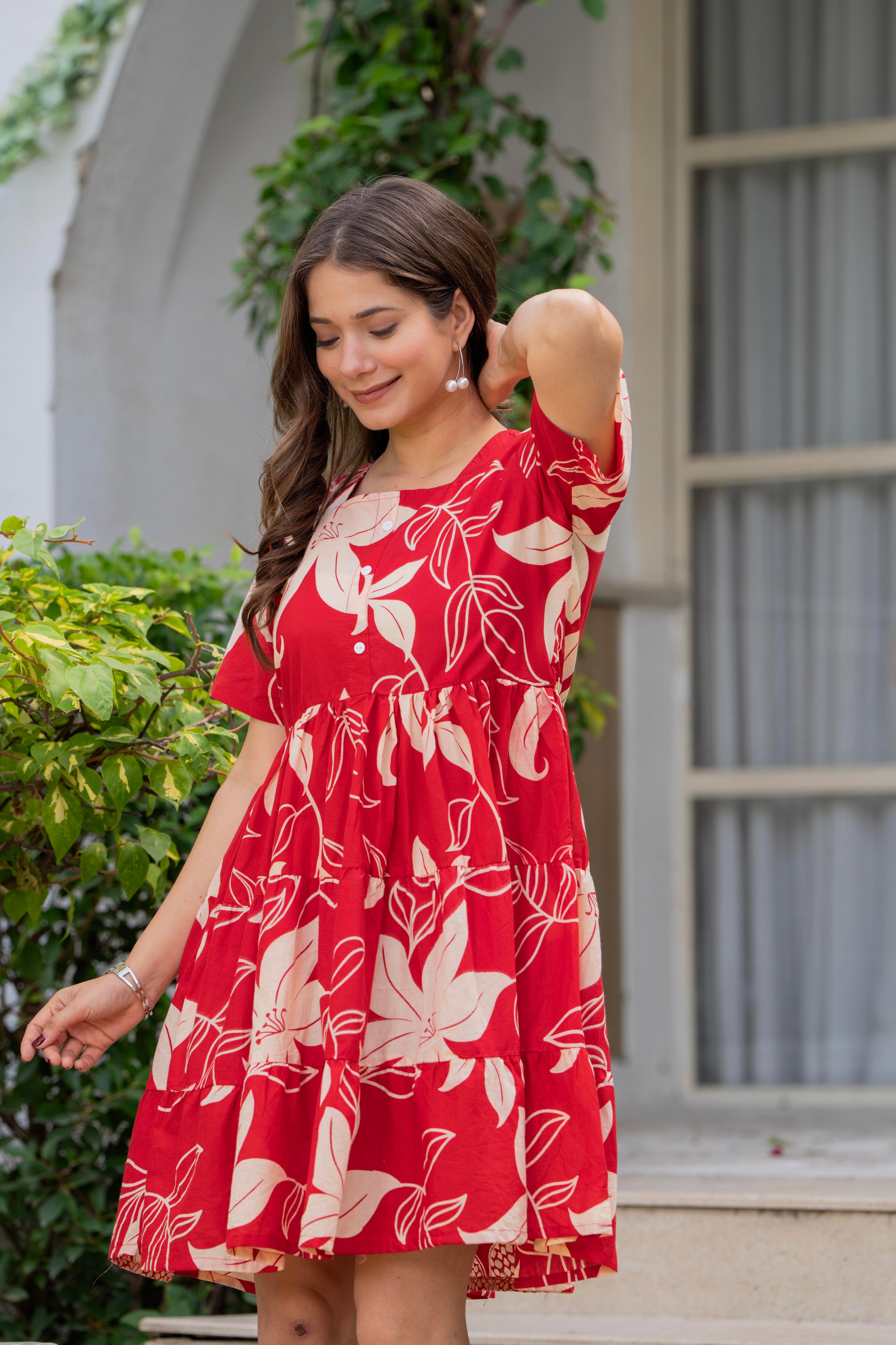 Red Printed Cotton Tunic Dress