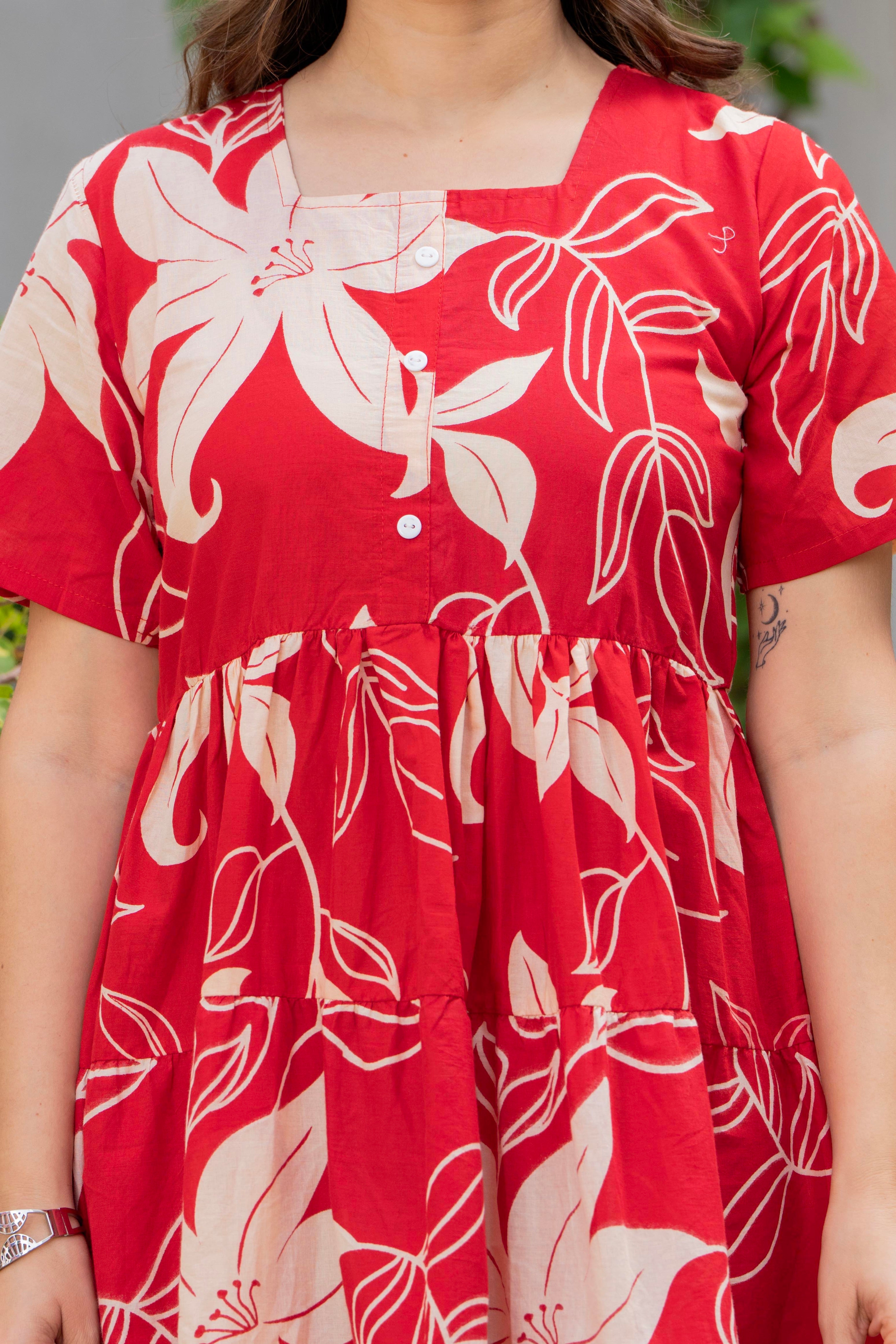 Red Printed Cotton Tunic Dress