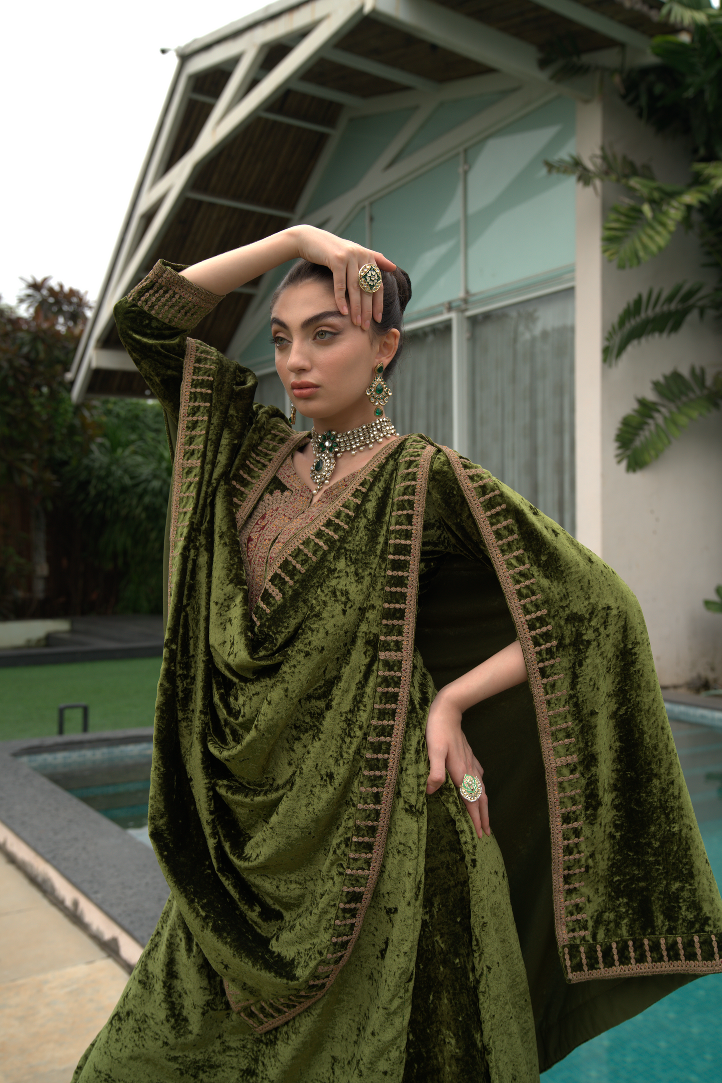 Green Designer Velvet Pakistani Suit Set