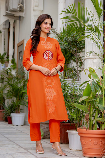 Rust Orange Embroidered Cotton Suit Set with Dupatta