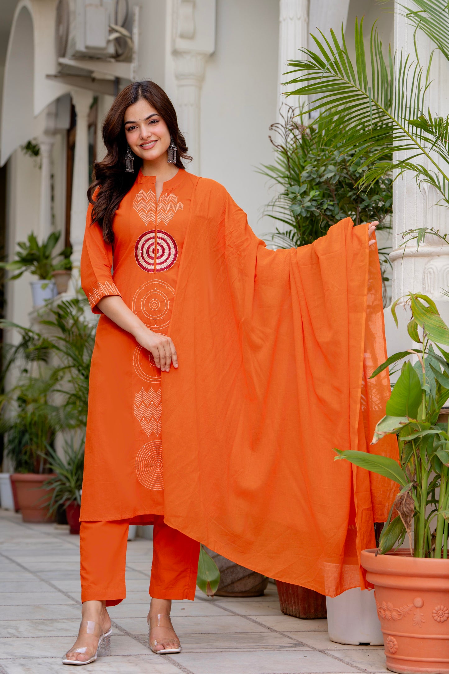 Rust Orange Embroidered Cotton Suit Set with Dupatta