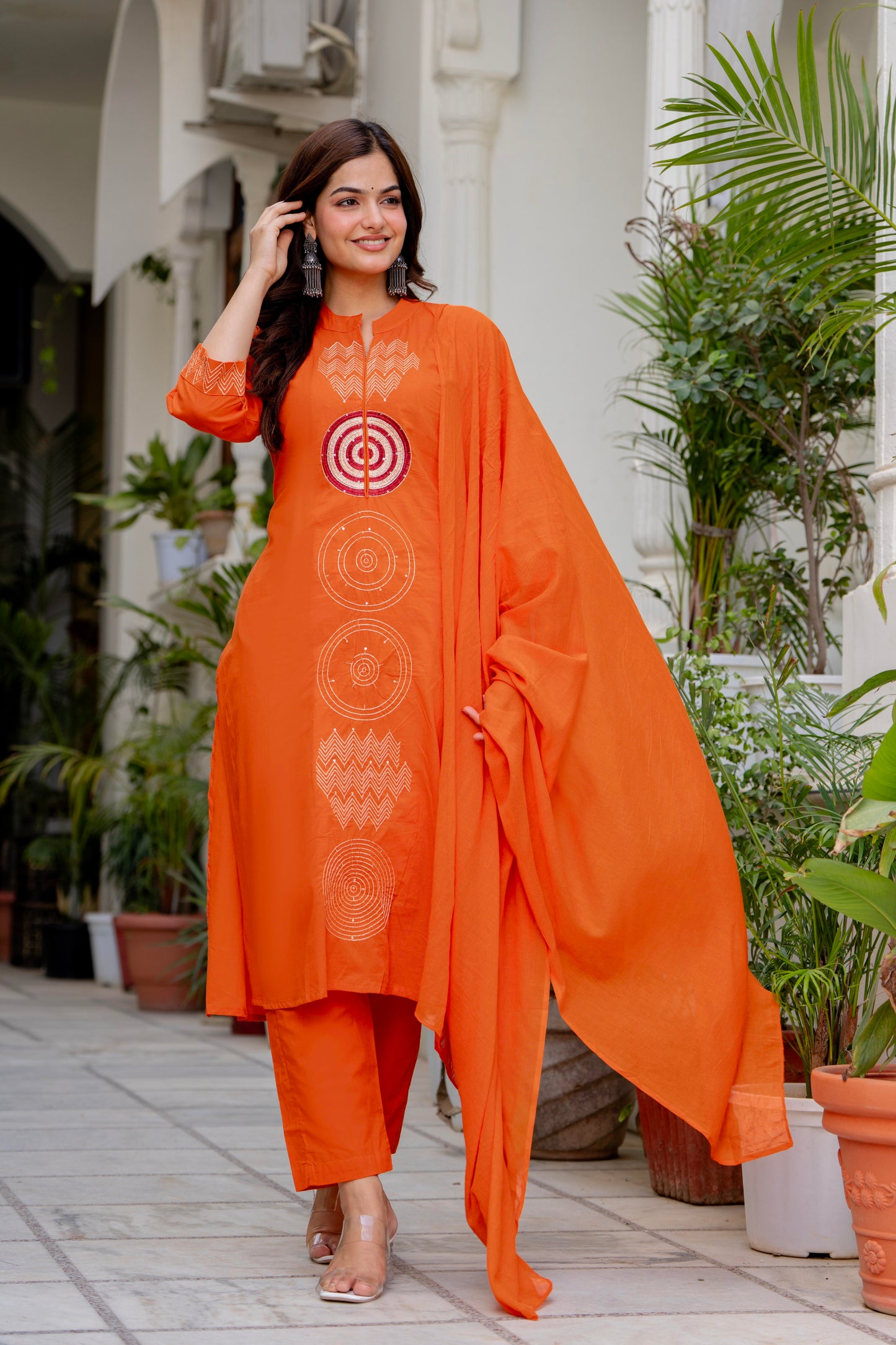 Rust Orange Embroidered Cotton Suit Set with Dupatta