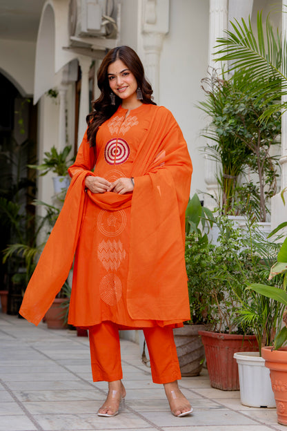 Rust Orange Embroidered Cotton Suit Set with Dupatta