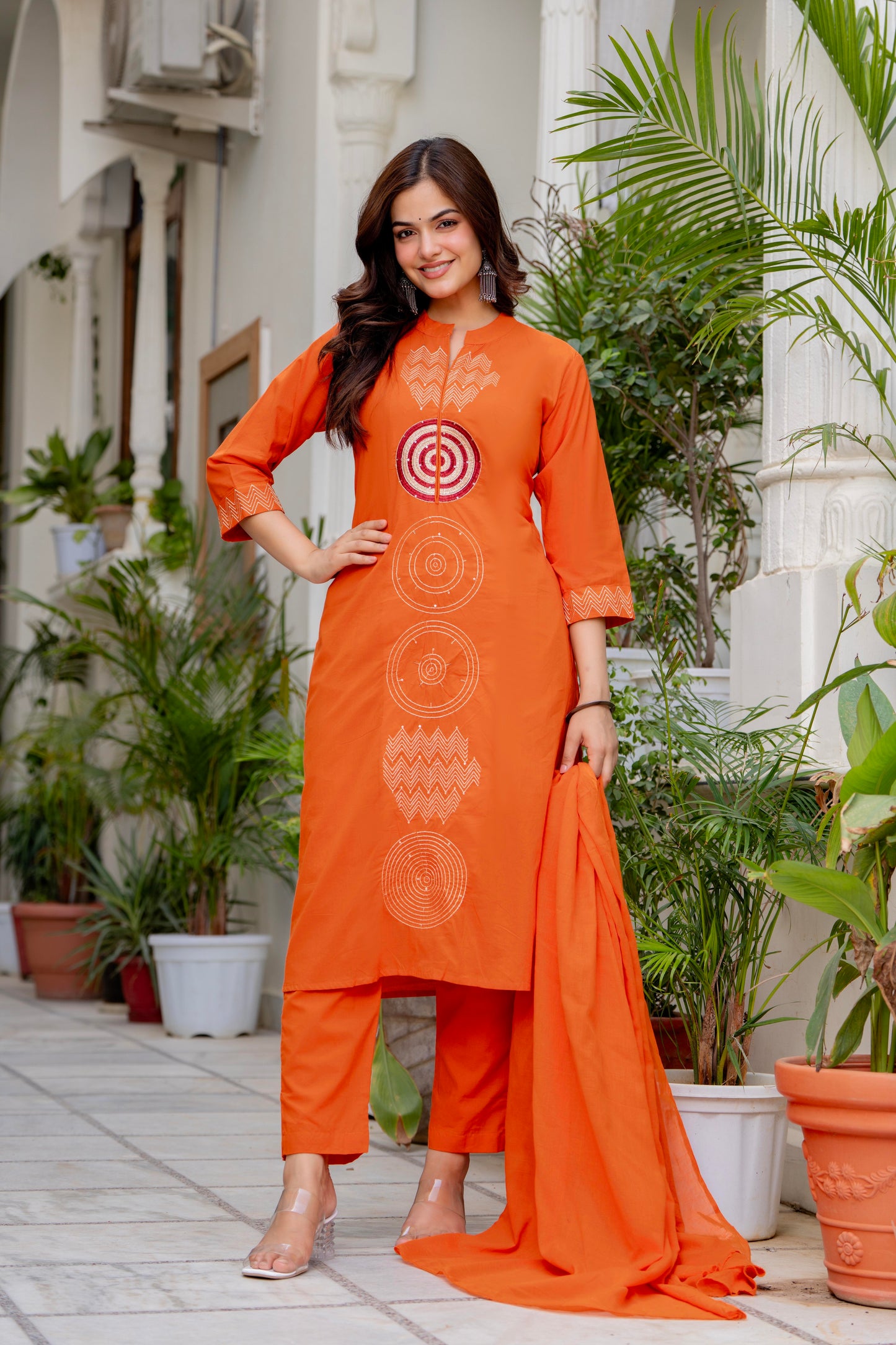 Rust Orange Embroidered Cotton Suit Set with Dupatta
