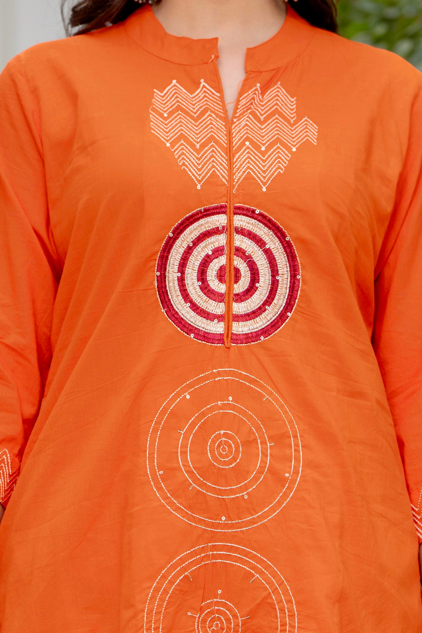 Rust Orange Embroidered Cotton Suit Set with Dupatta