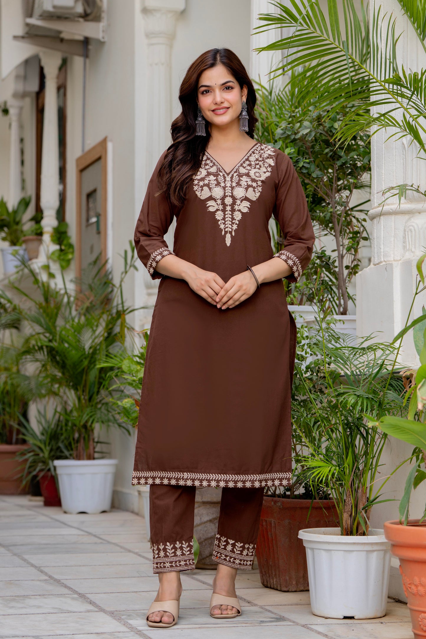 Brown Embroidered Cotton Kurta and Pant Set with Dupatta