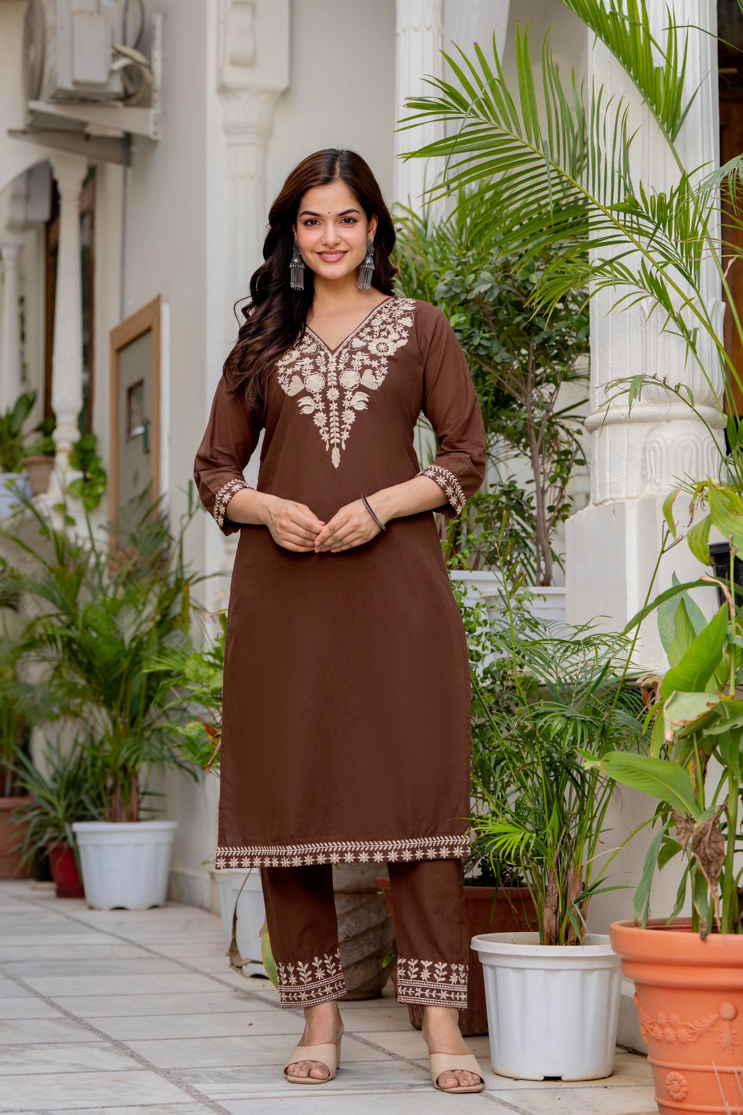 Brown Embroidered Cotton Kurta and Pant Set with Dupatta