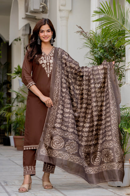 Brown Embroidered Cotton Kurta and Pant Set with Dupatta