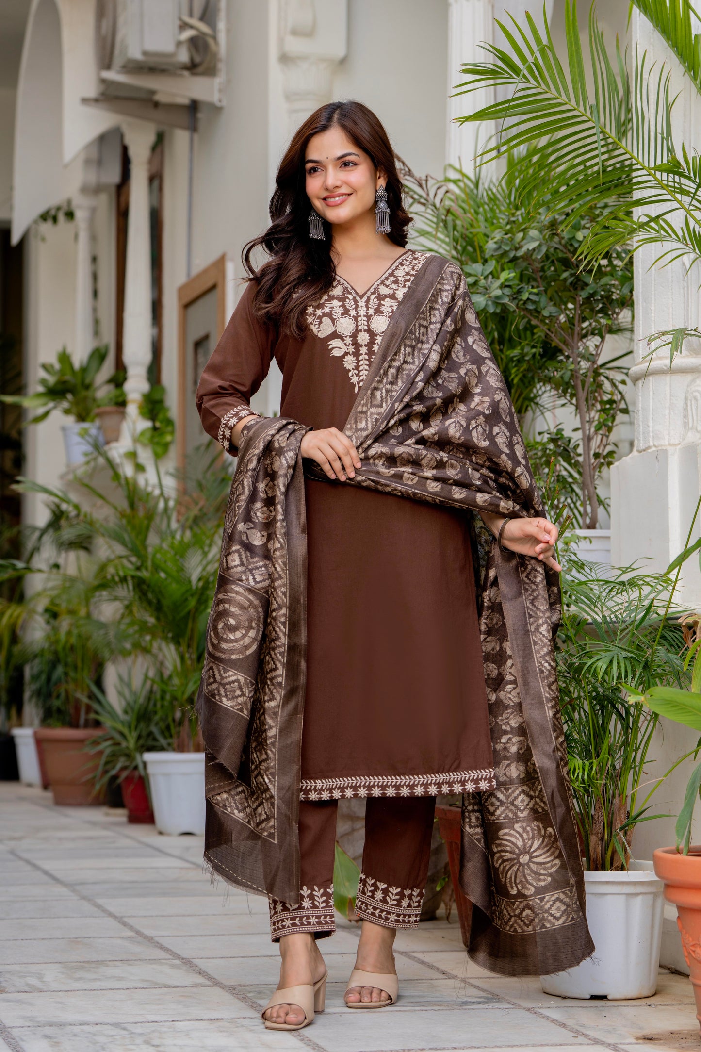 Brown Embroidered Cotton Kurta and Pant Set with Dupatta