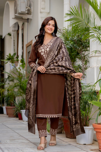 Brown Embroidered Cotton Kurta and Pant Set with Dupatta