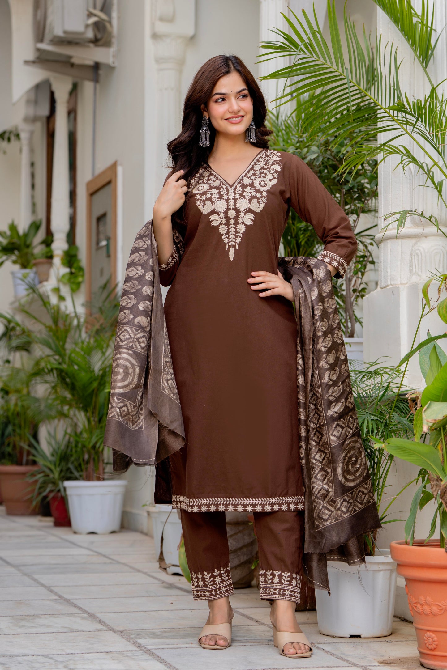 Brown Embroidered Cotton Kurta and Pant Set with Dupatta