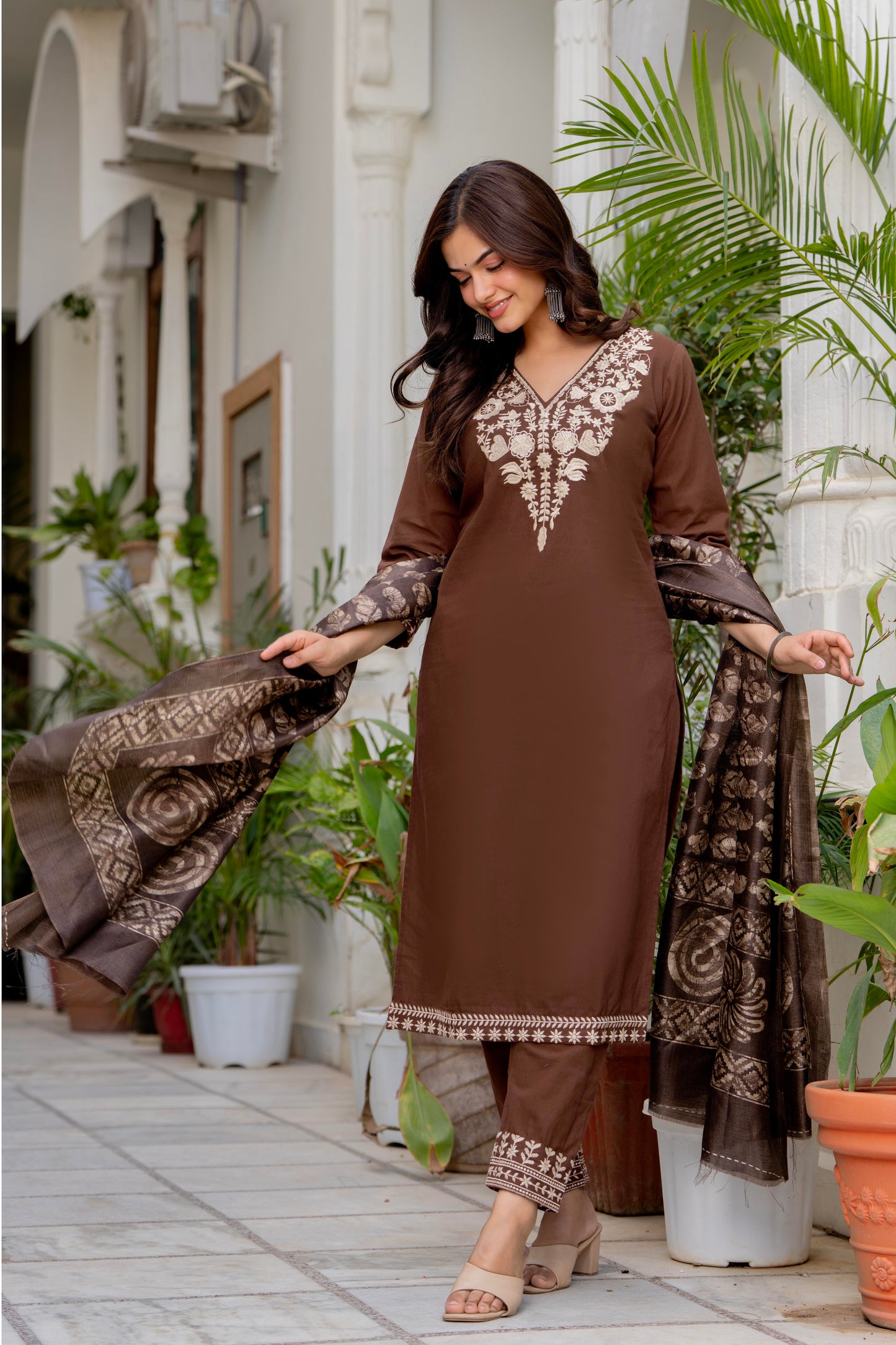Brown Embroidered Cotton Kurta and Pant Set with Dupatta