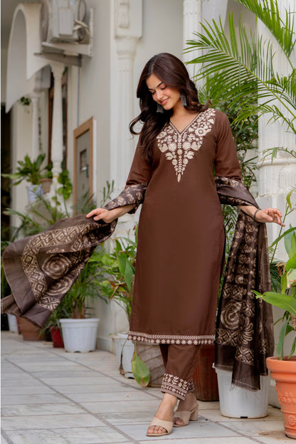 Brown Embroidered Cotton Kurta and Pant Set with Dupatta