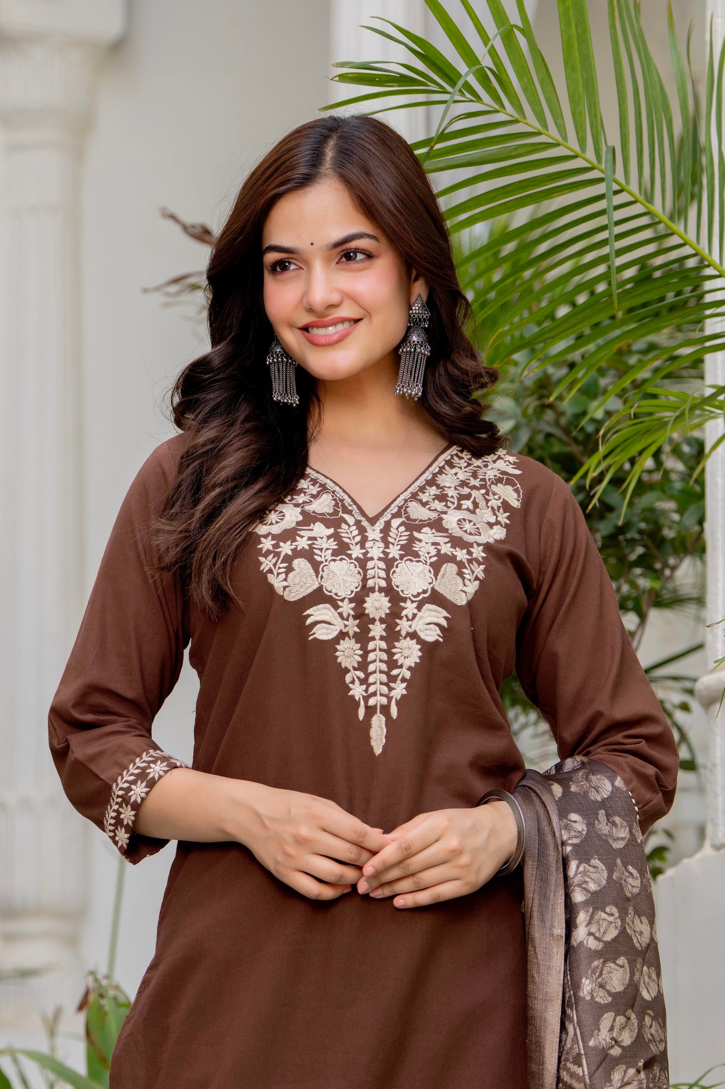 Brown Embroidered Cotton Kurta and Pant Set with Dupatta