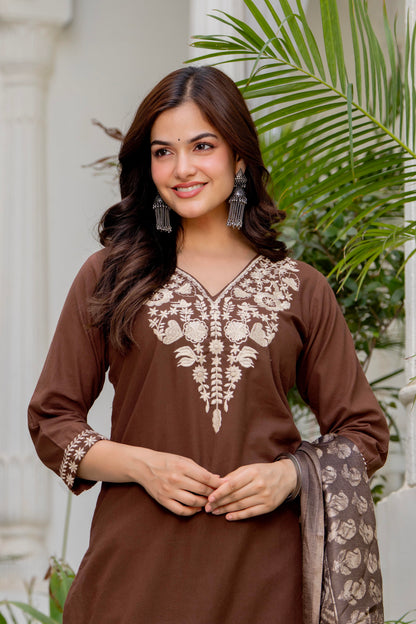 Brown Embroidered Cotton Kurta and Pant Set with Dupatta