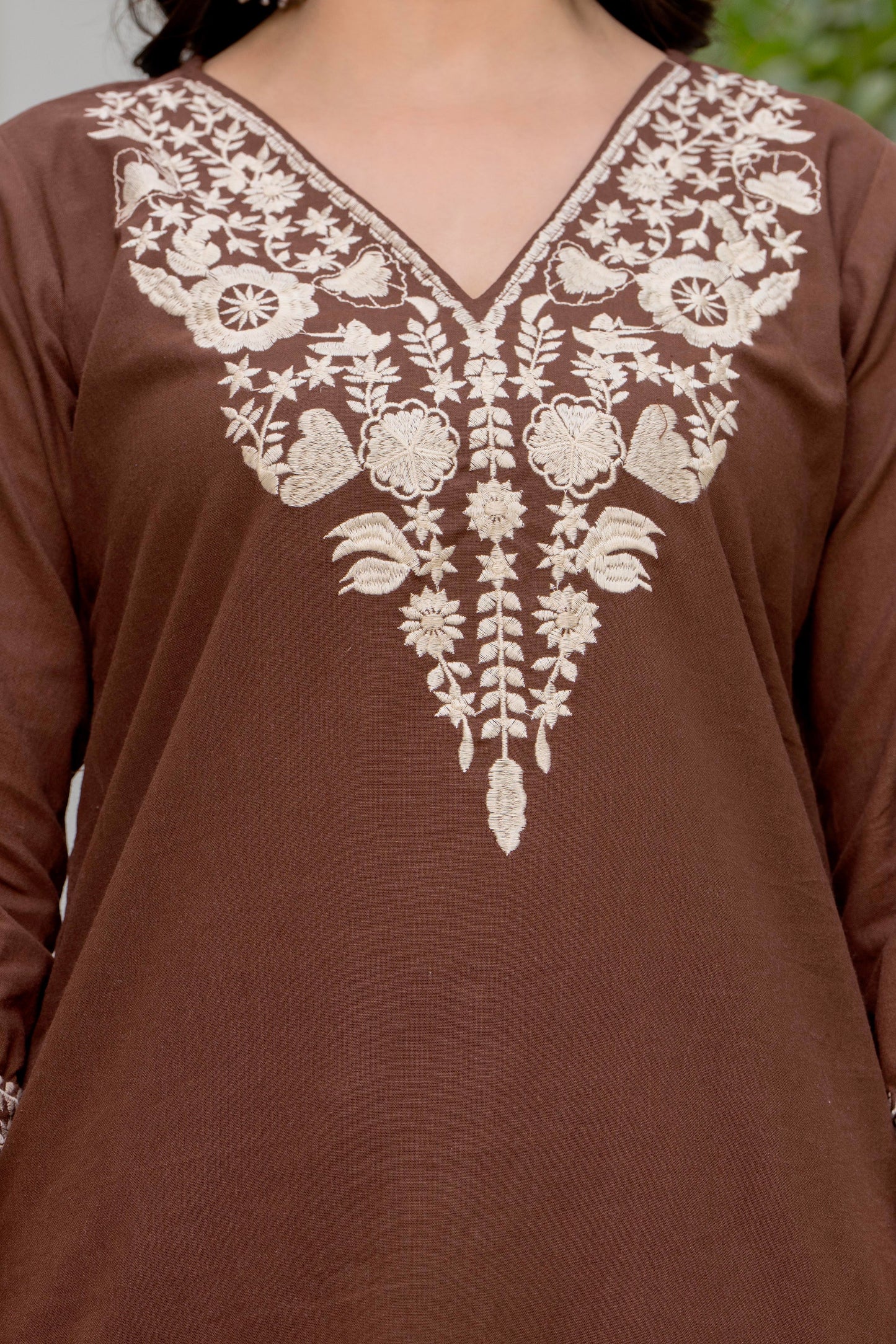Brown Embroidered Cotton Kurta and Pant Set with Dupatta