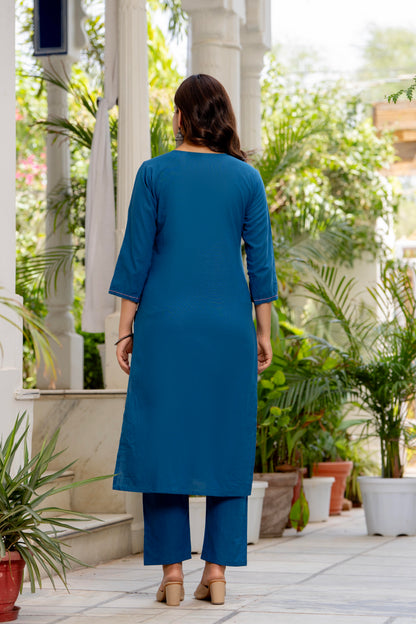 Blue Embroidered Cotton Flex Kurta and Pant Set with Dupatta