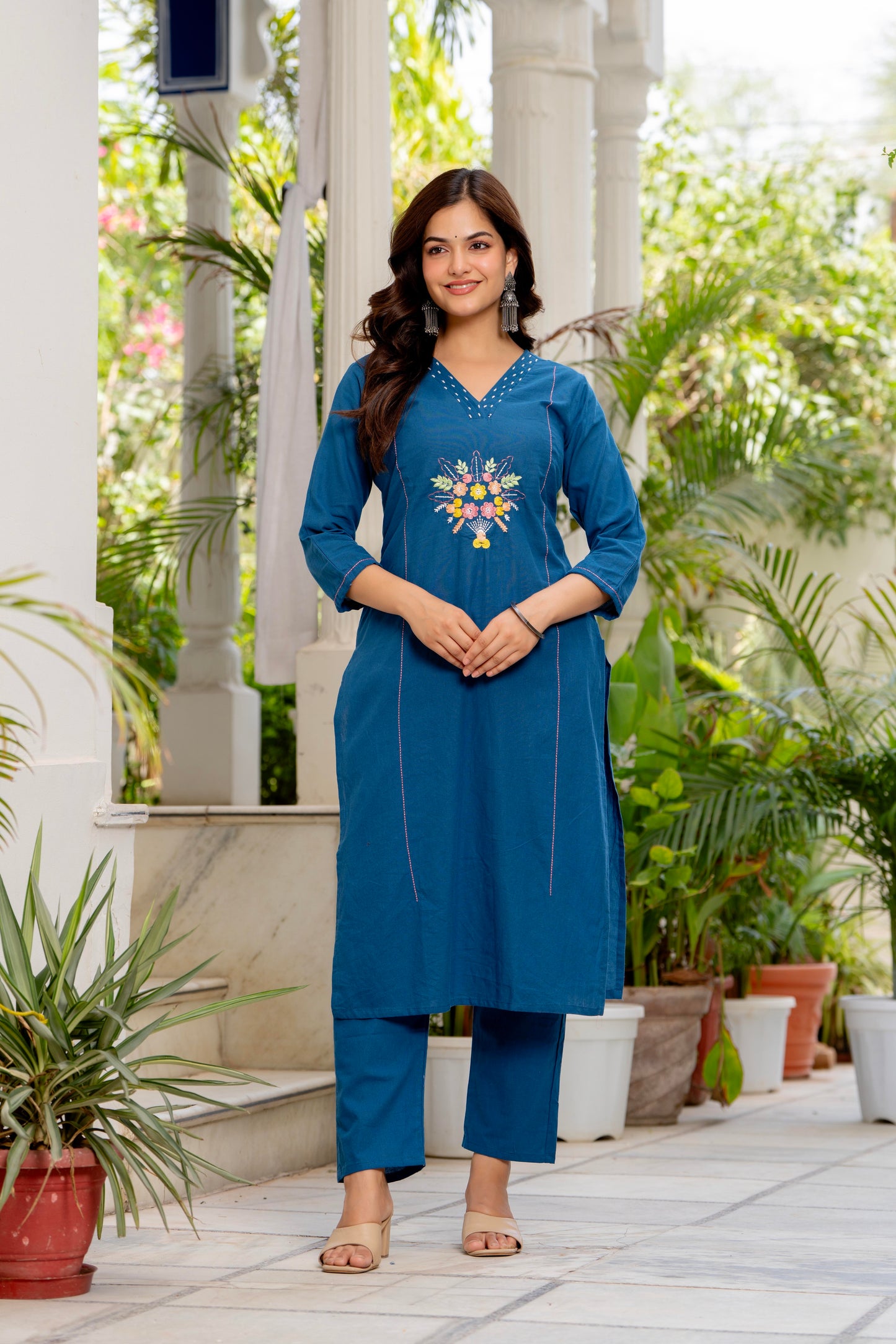 Blue Embroidered Cotton Flex Kurta and Pant Set with Dupatta