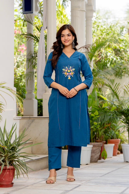 Blue Embroidered Cotton Flex Kurta and Pant Set with Dupatta