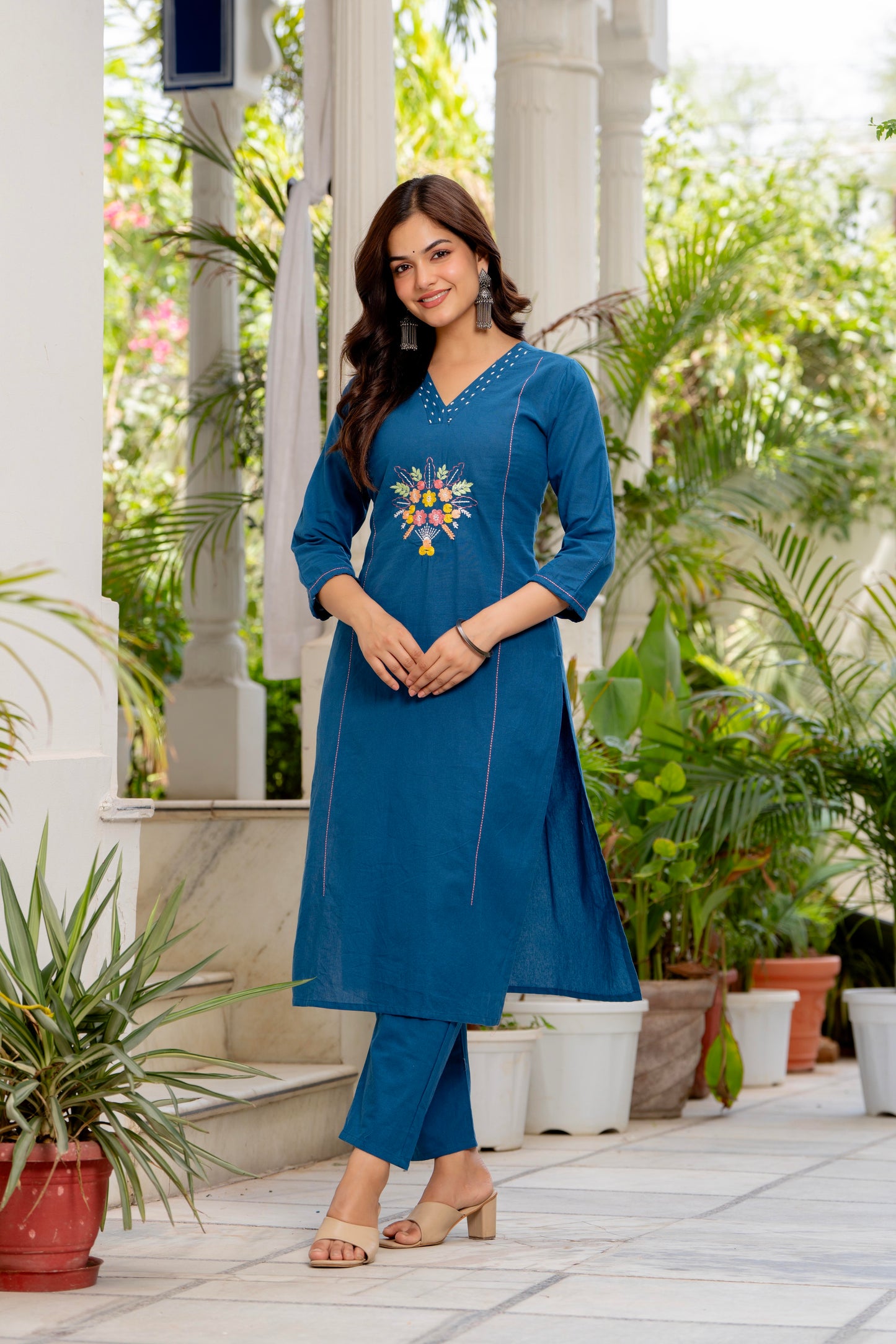 Blue Embroidered Cotton Flex Kurta and Pant Set with Dupatta