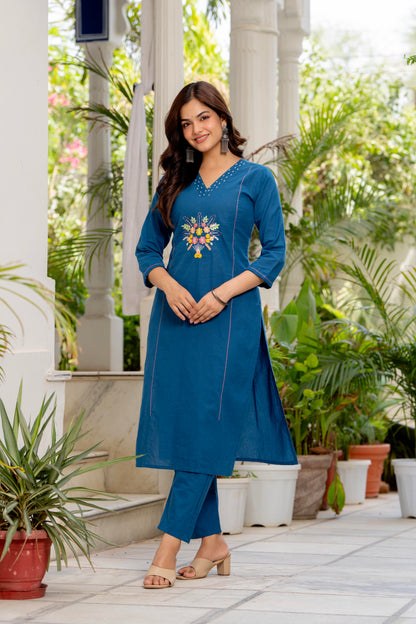 Blue Embroidered Cotton Flex Kurta and Pant Set with Dupatta