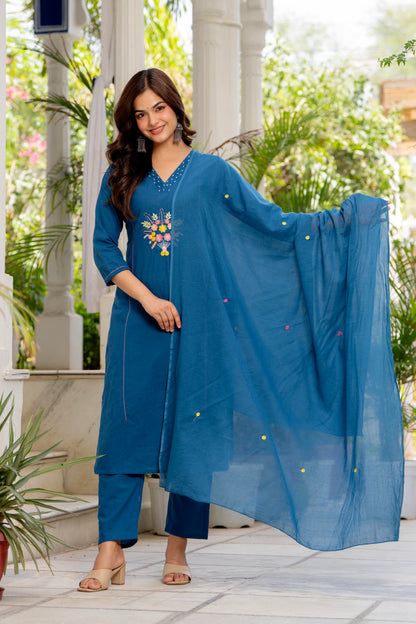 Blue Embroidered Cotton Flex Kurta and Pant Set with Dupatta