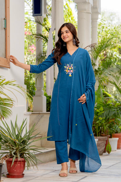 Blue Embroidered Cotton Flex Kurta and Pant Set with Dupatta