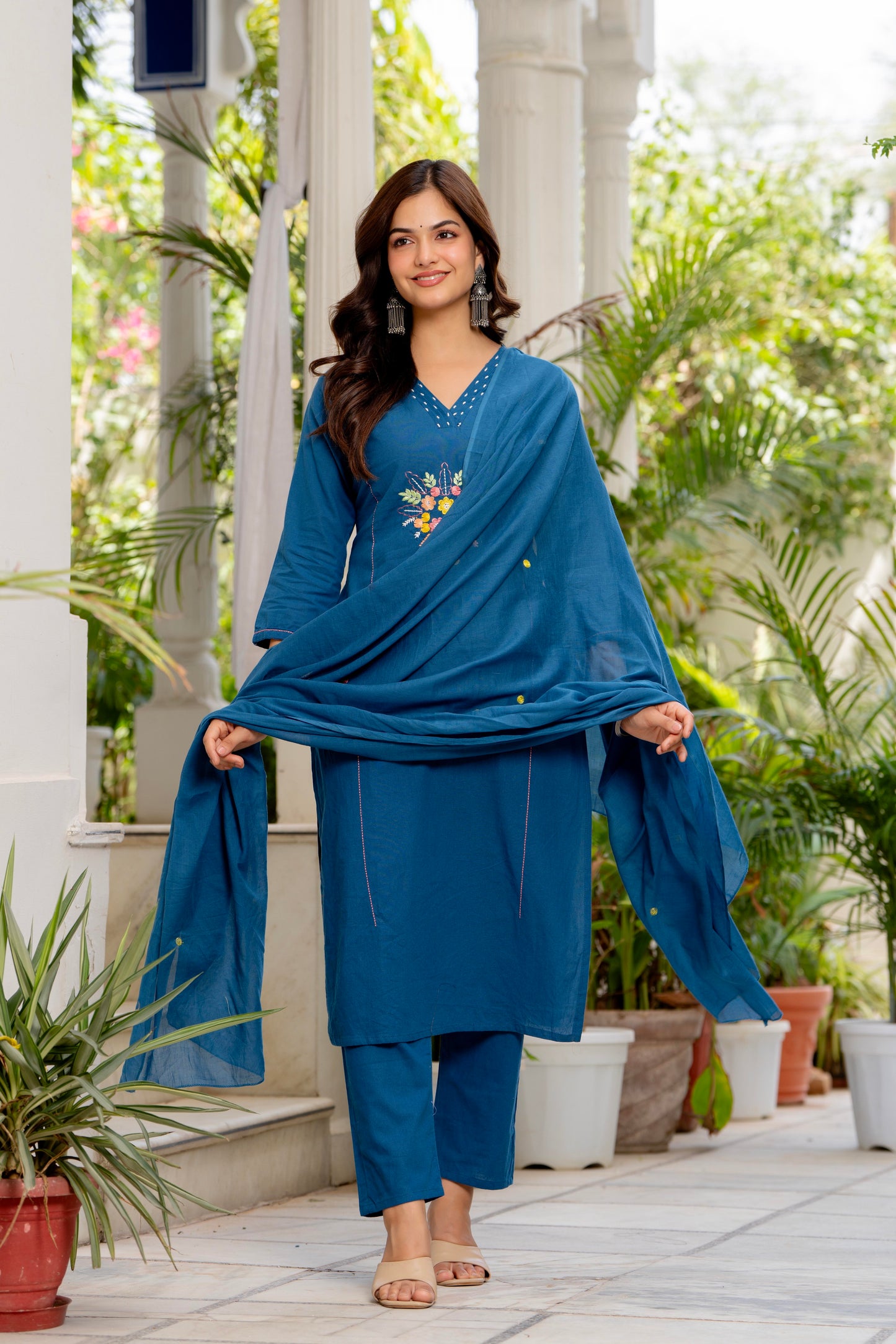 Blue Embroidered Cotton Flex Kurta and Pant Set with Dupatta