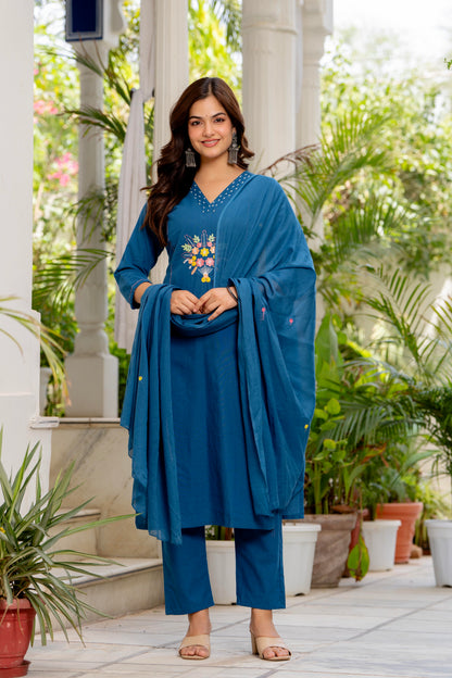 Blue Embroidered Cotton Flex Kurta and Pant Set with Dupatta