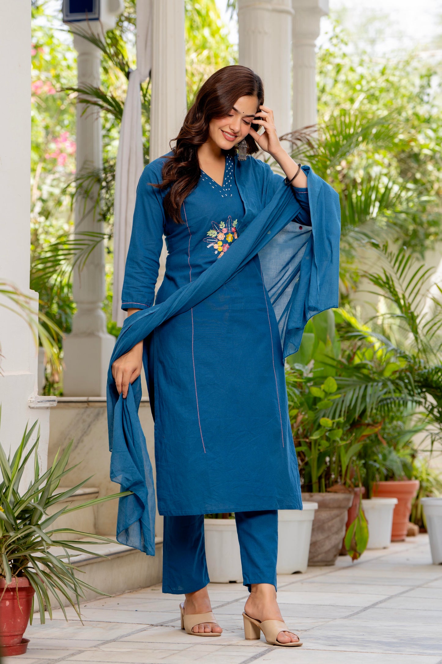 Blue Embroidered Cotton Flex Kurta and Pant Set with Dupatta