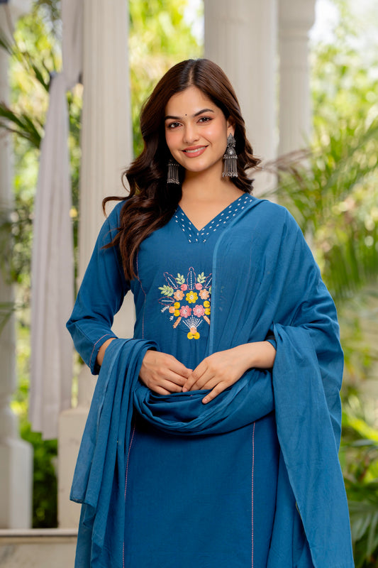 Blue Embroidered Cotton Flex Kurta and Pant Set with Dupatta