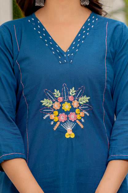 Blue Embroidered Cotton Flex Kurta and Pant Set with Dupatta