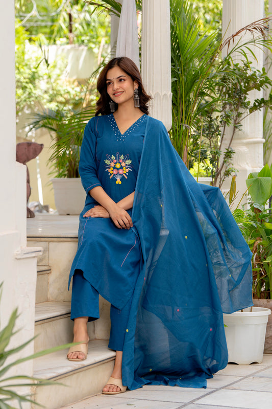 Blue Embroidered Cotton Flex Kurta and Pant Set with Dupatta