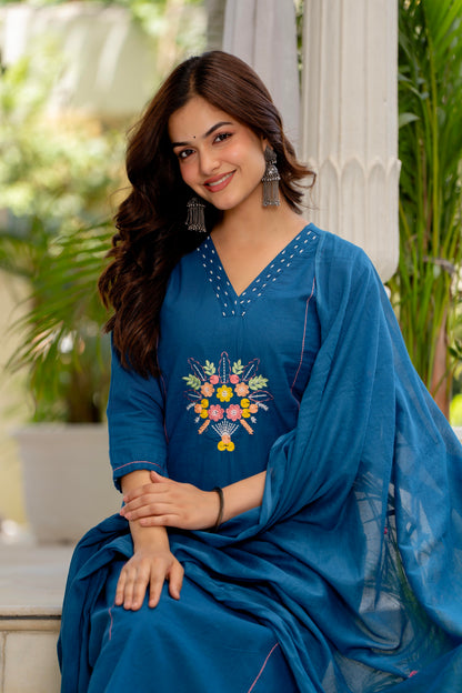 Blue Embroidered Cotton Flex Kurta and Pant Set with Dupatta