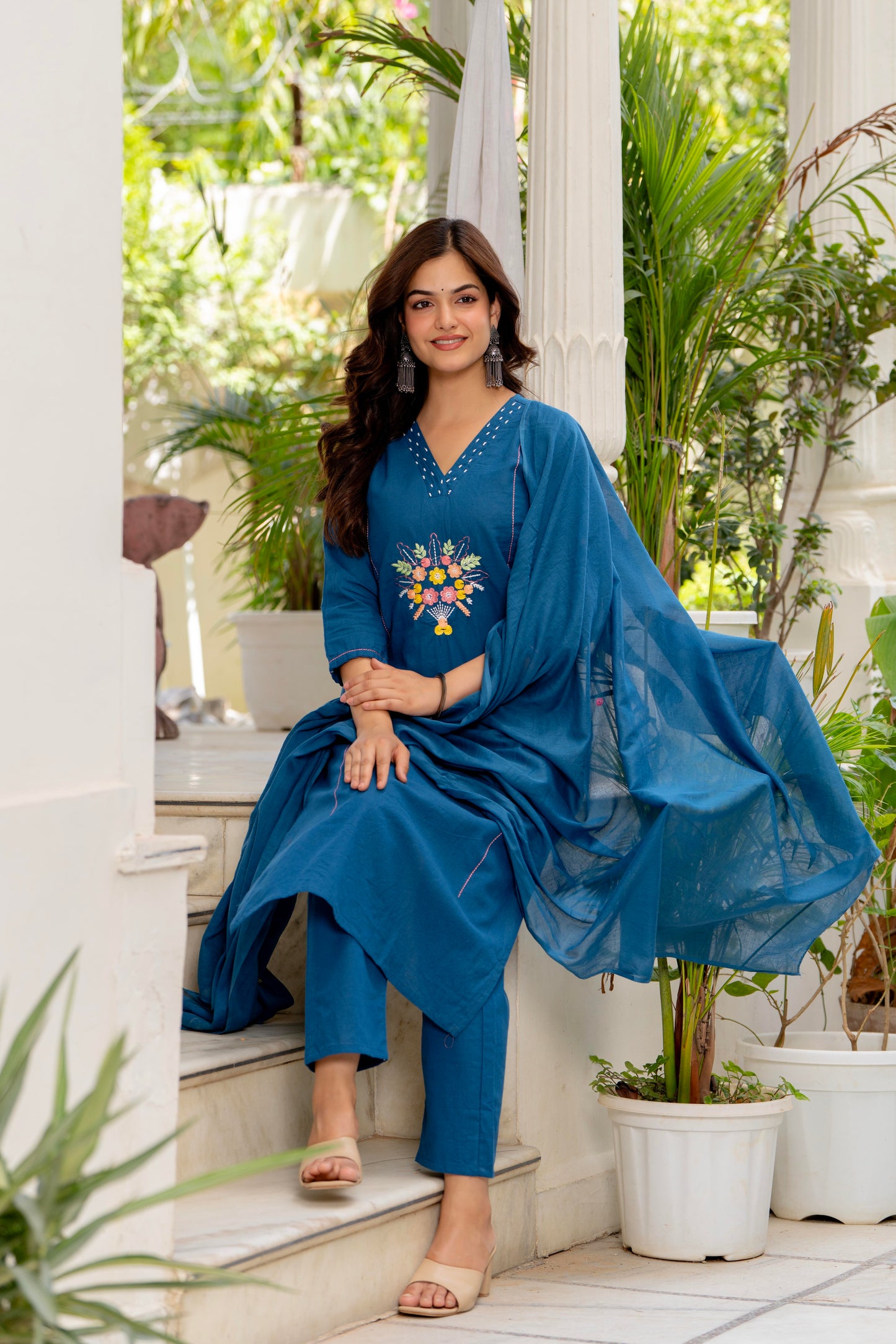 Blue Embroidered Cotton Flex Kurta and Pant Set with Dupatta