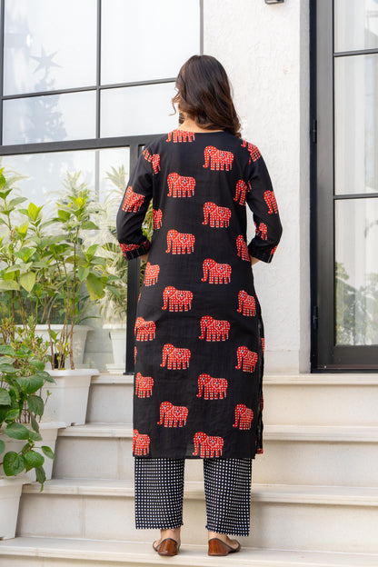 Black Red Printed Cotton Kurta and Pant Set with Mulmul Dupatta