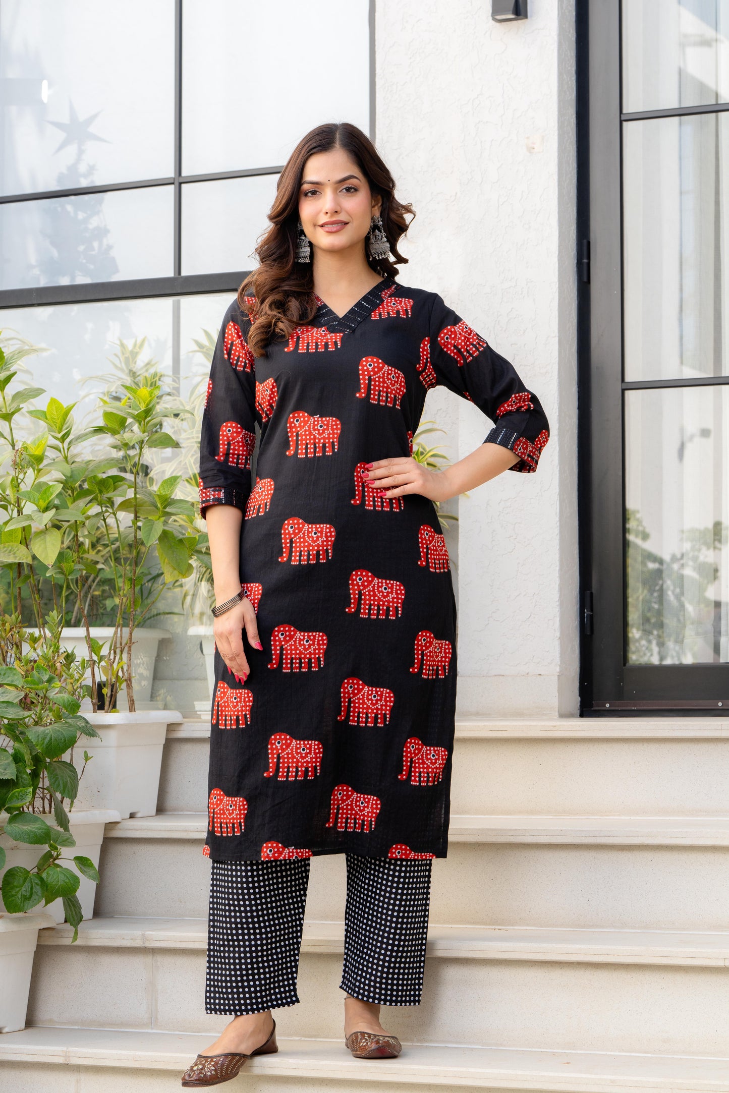 Black Red Printed Cotton Kurta and Pant Set with Mulmul Dupatta