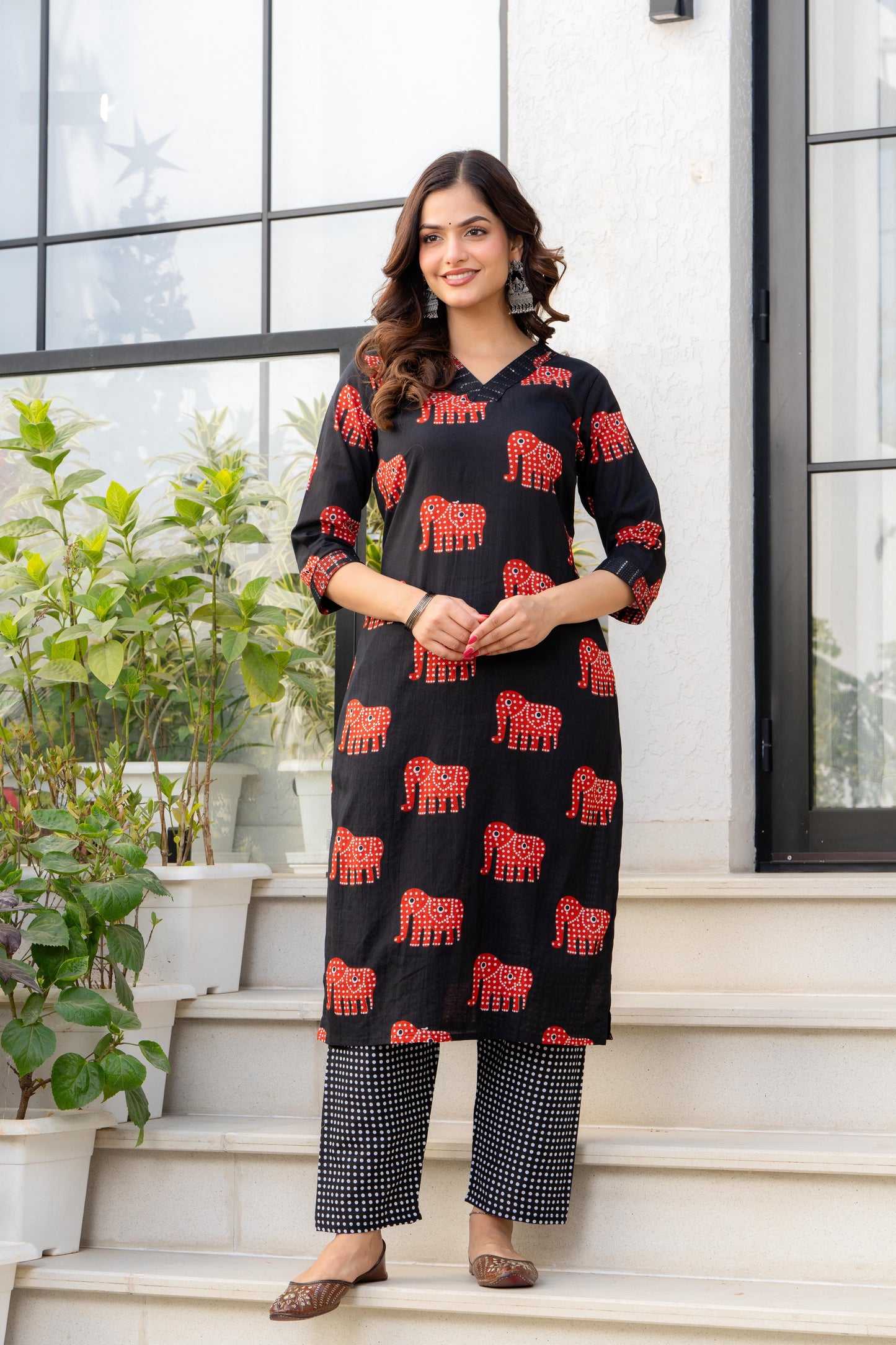 Black Red Printed Cotton Kurta and Pant Set with Mulmul Dupatta