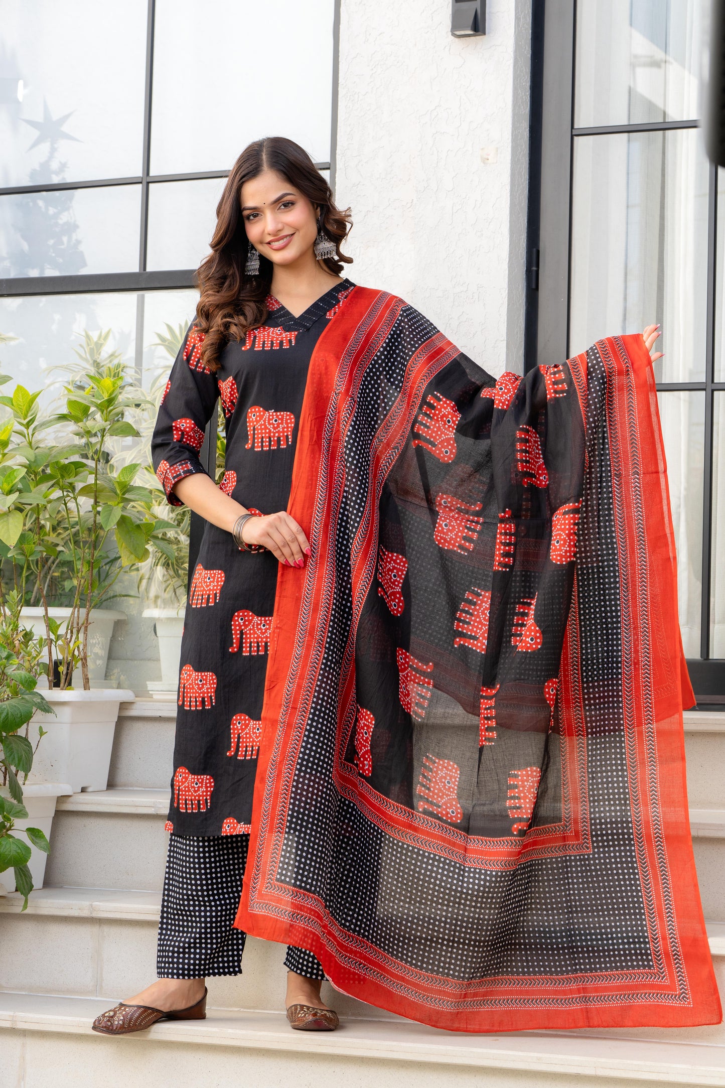 Black Red Printed Cotton Kurta and Pant Set with Mulmul Dupatta