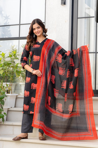 Black Red Printed Cotton Kurta and Pant Set with Mulmul Dupatta