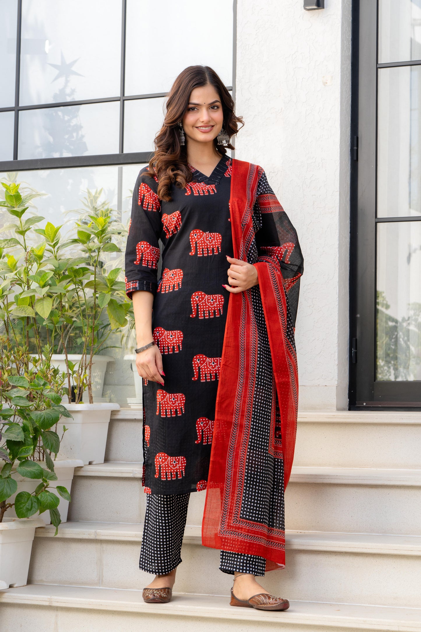 Black Red Printed Cotton Kurta and Pant Set with Mulmul Dupatta