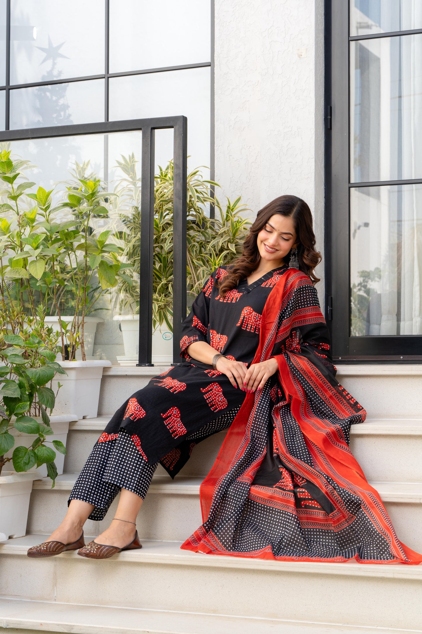 Black Red Printed Cotton Kurta and Pant Set with Mulmul Dupatta