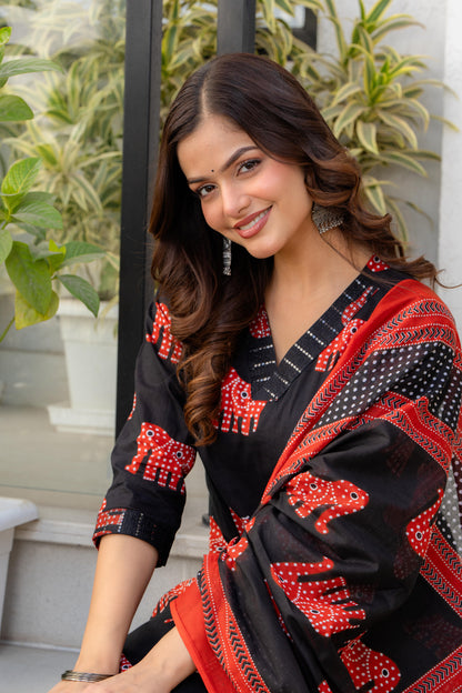 Black Red Printed Cotton Kurta and Pant Set with Mulmul Dupatta